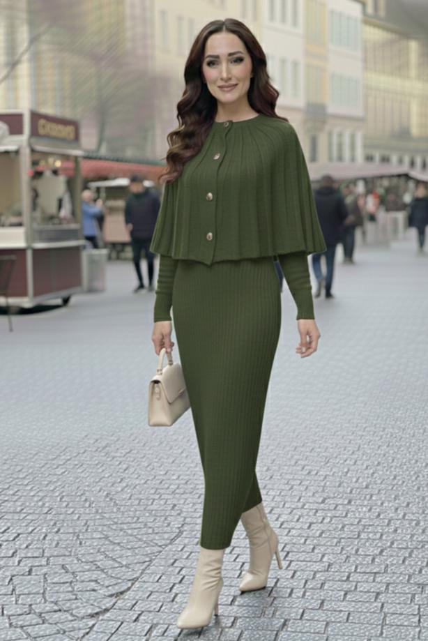 Tesettür giyim HAKİ BOLEROLU TRİKO ELBİSE T 8744 - TRENDTESETTÜR