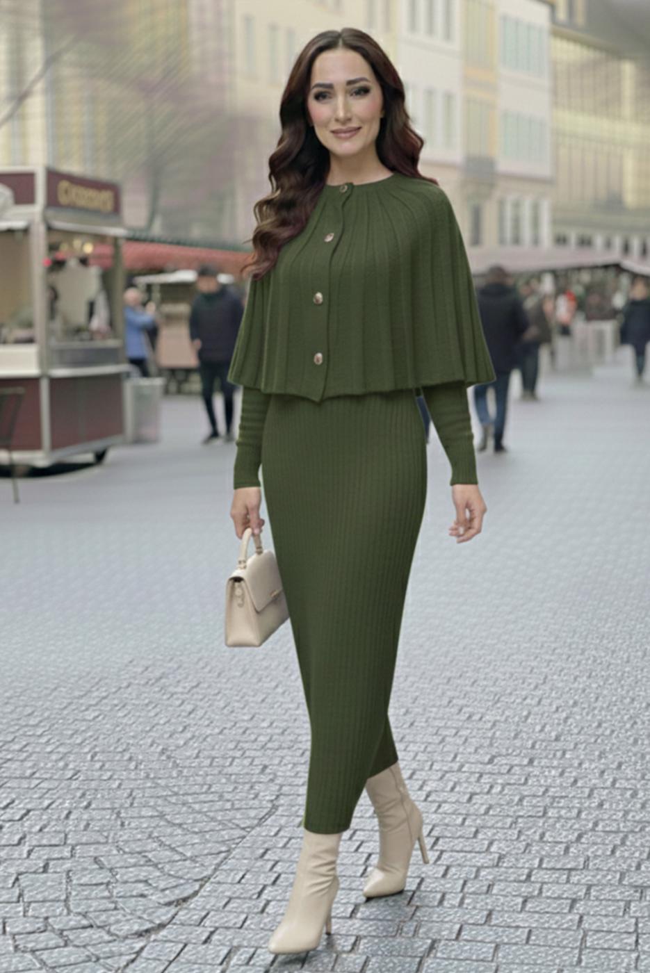 Tesettür giyim HAKİ BOLEROLU TRİKO ELBİSE T 8744