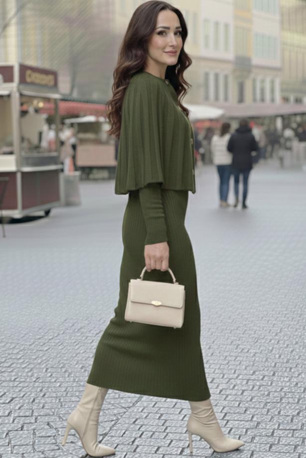 Tesettür giyim HAKİ BOLEROLU TRİKO ELBİSE T 8744 - TRENDTESETTÜR