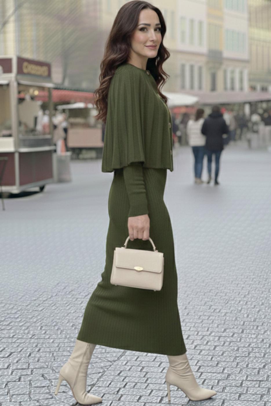 Tesettür giyim HAKİ BOLEROLU TRİKO ELBİSE T 8744