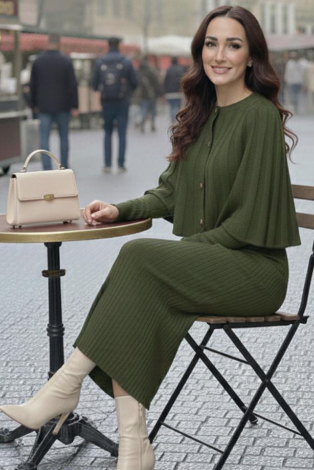 Tesettür giyim HAKİ BOLEROLU TRİKO ELBİSE T 8744 - TRENDTESETTÜR