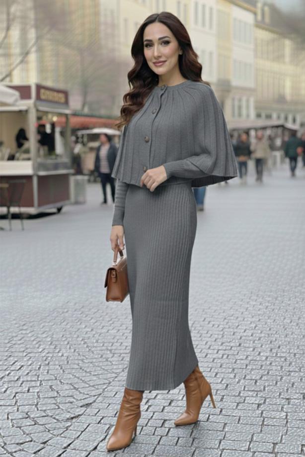Tesettür giyim GRİ BOLEROLU TRİKO ELBİSE T 8744 - TRENDTESETTÜR
