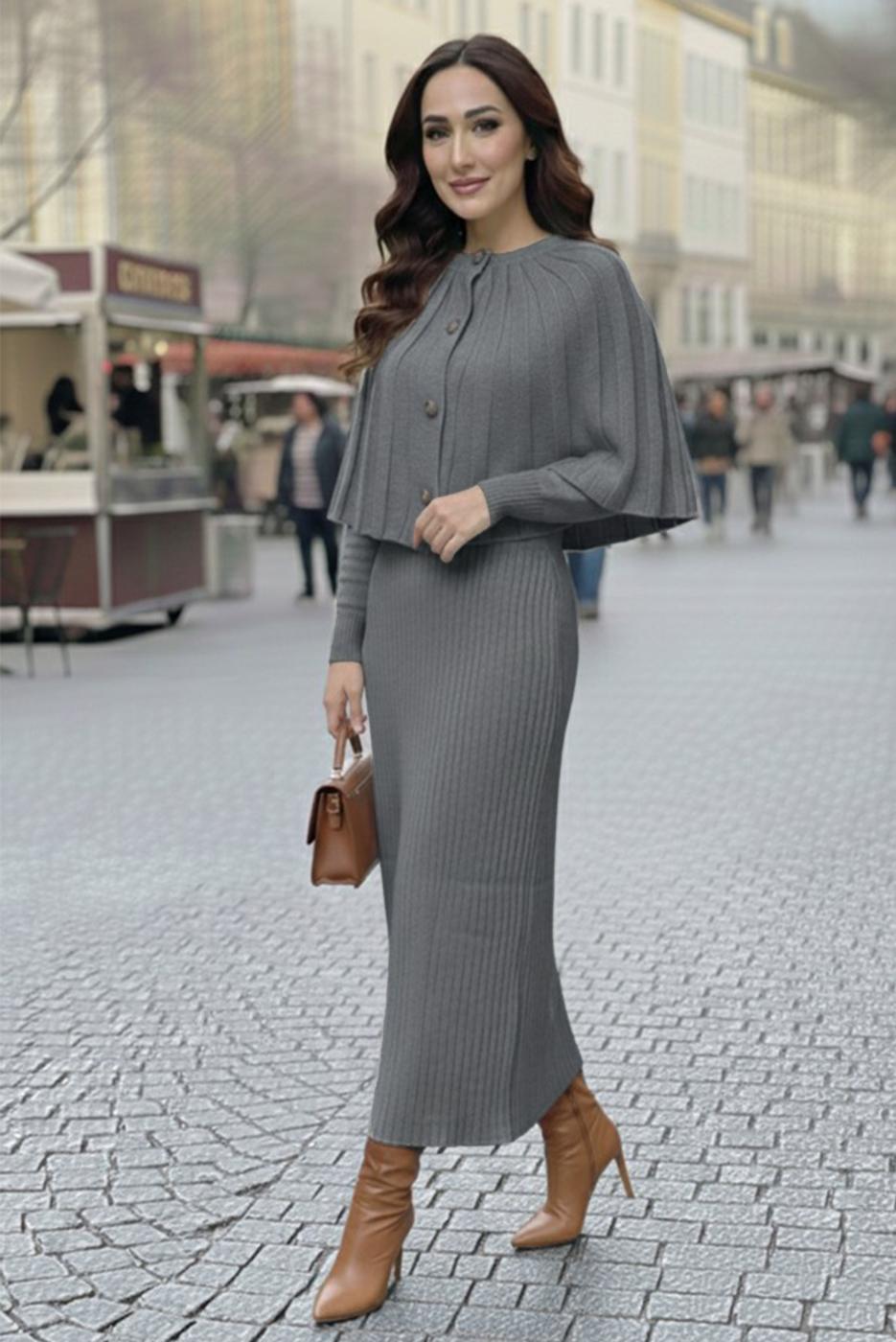 Tesettür giyim GRİ BOLEROLU TRİKO ELBİSE T 8744