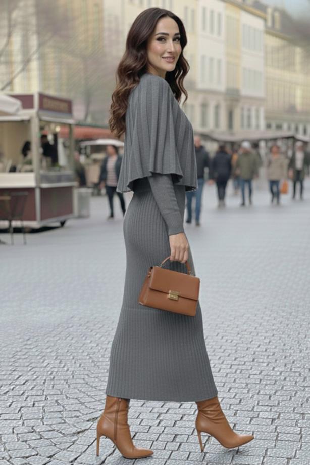 Tesettür giyim GRİ BOLEROLU TRİKO ELBİSE T 8744 - TRENDTESETTÜR