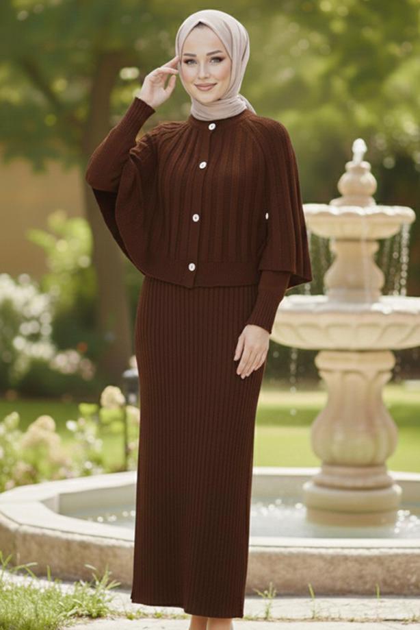Tesettür giyim KAHVE BOLEROLU TRİKO ELBİSE T 8744 - TRENDTESETTÜR