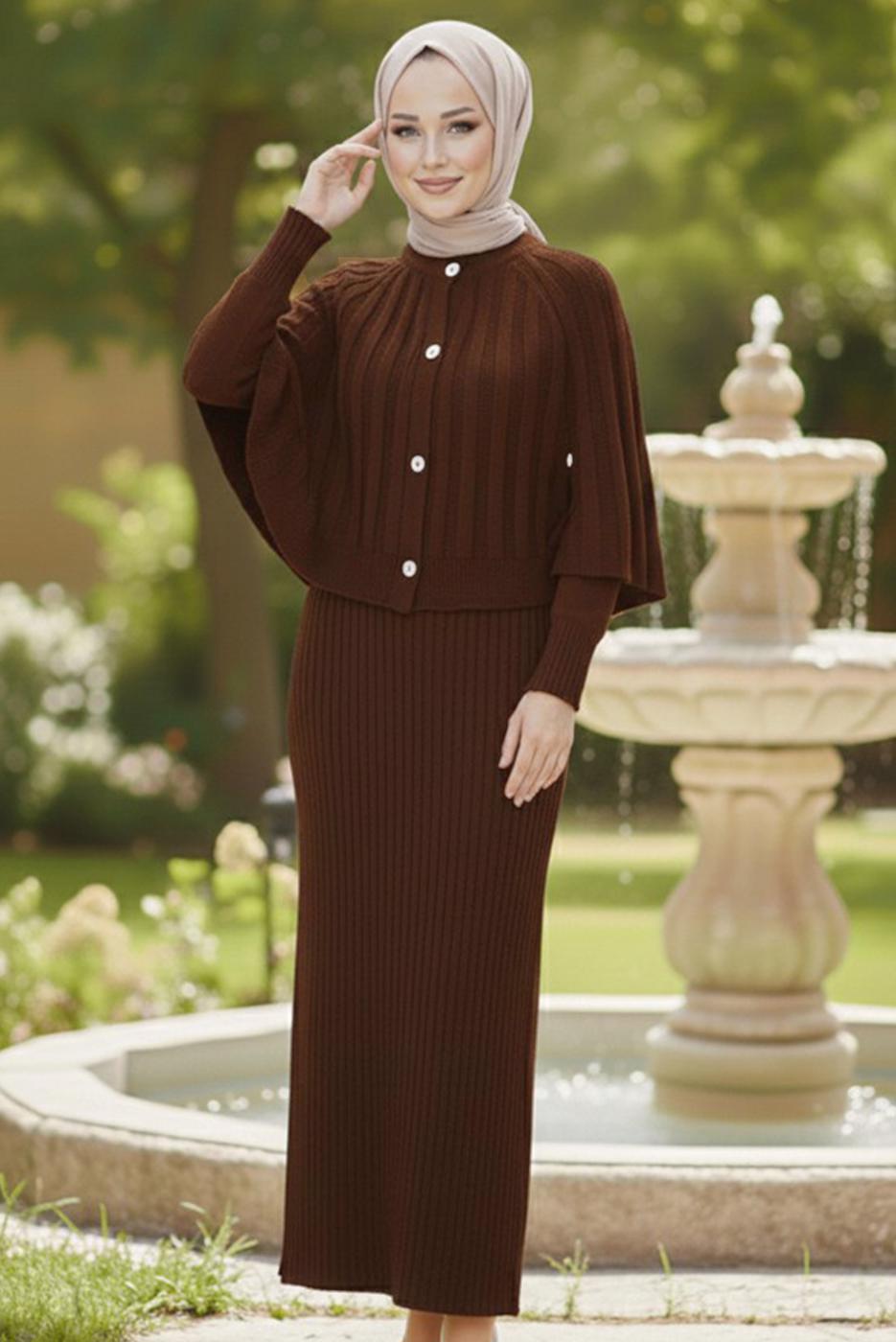 Tesettür giyim KAHVE BOLEROLU TRİKO ELBİSE T 8744