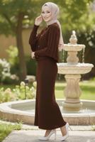 Tesettür giyim KAHVE BOLEROLU TRİKO ELBİSE T 8744