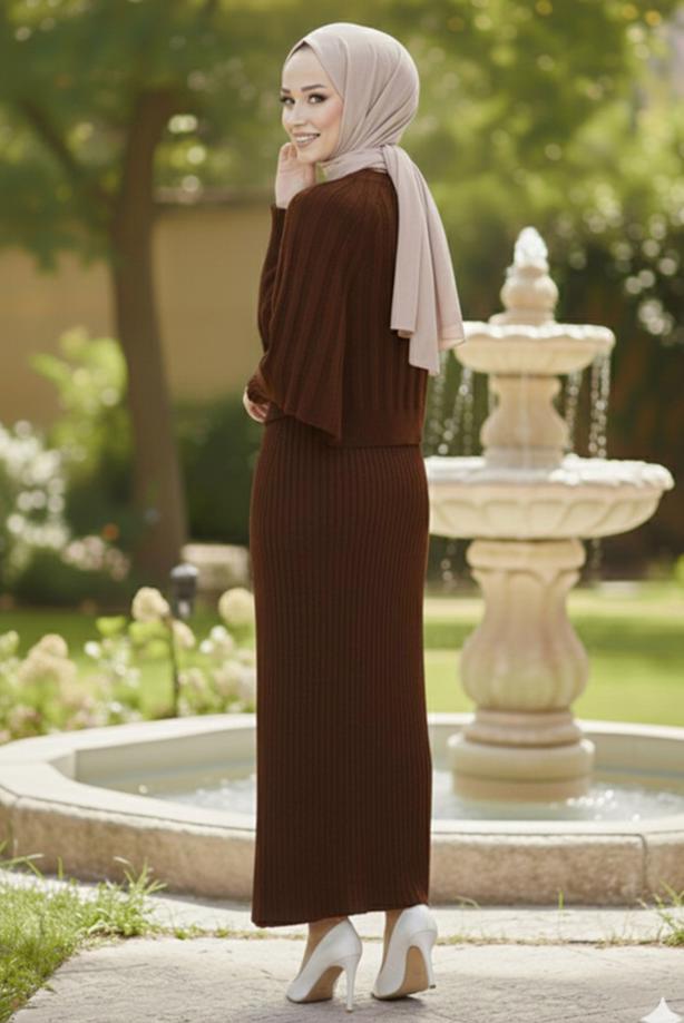 Tesettür giyim KAHVE BOLEROLU TRİKO ELBİSE T 8744 - TRENDTESETTÜR