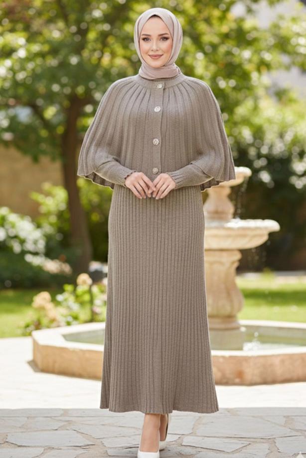 Tesettür giyim VİZON BOLEROLU TRİKO ELBİSE T 8744 - TRENDTESETTÜR