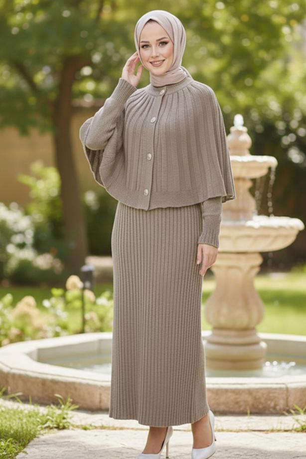 Tesettür giyim VİZON BOLEROLU TRİKO ELBİSE T 8744 - TRENDTESETTÜR