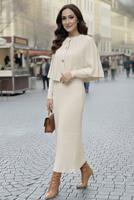 Tesettür giyim BEJ BOLEROLU TRİKO ELBİSE T 8744