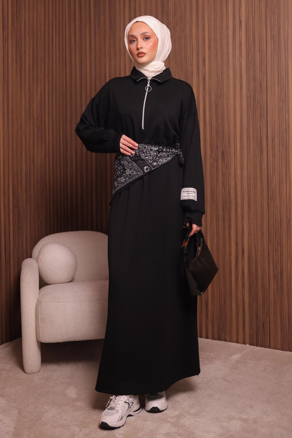 Tesettür giyim SİYAH T 9017 NSS FERMUARLI ELBİSE
