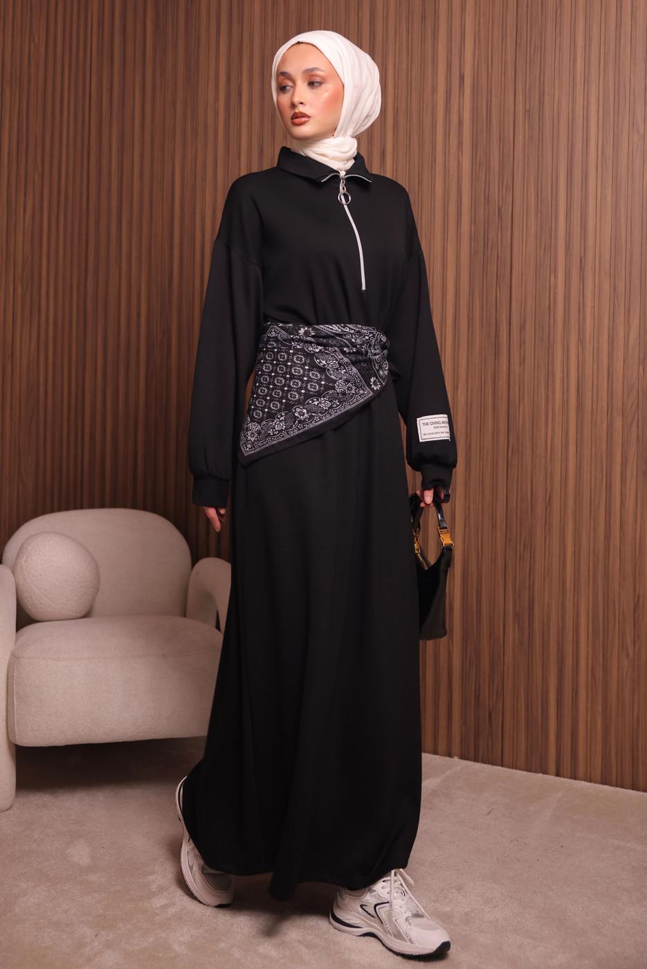 Tesettür giyim SİYAH T 9017 NSS FERMUARLI ELBİSE