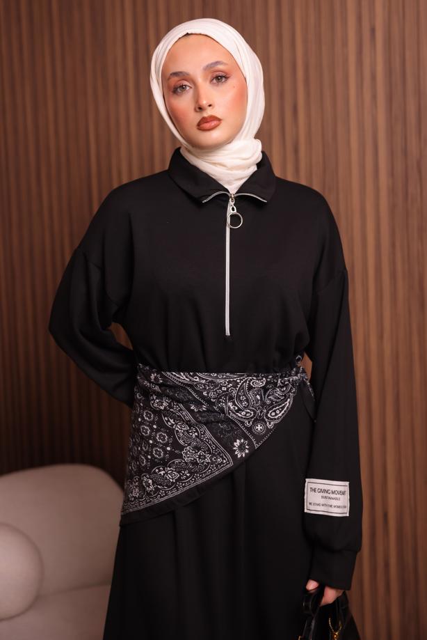 Tesettür giyim SİYAH T 9017 NSS FERMUARLI ELBİSE - TRENDTESETTÜR