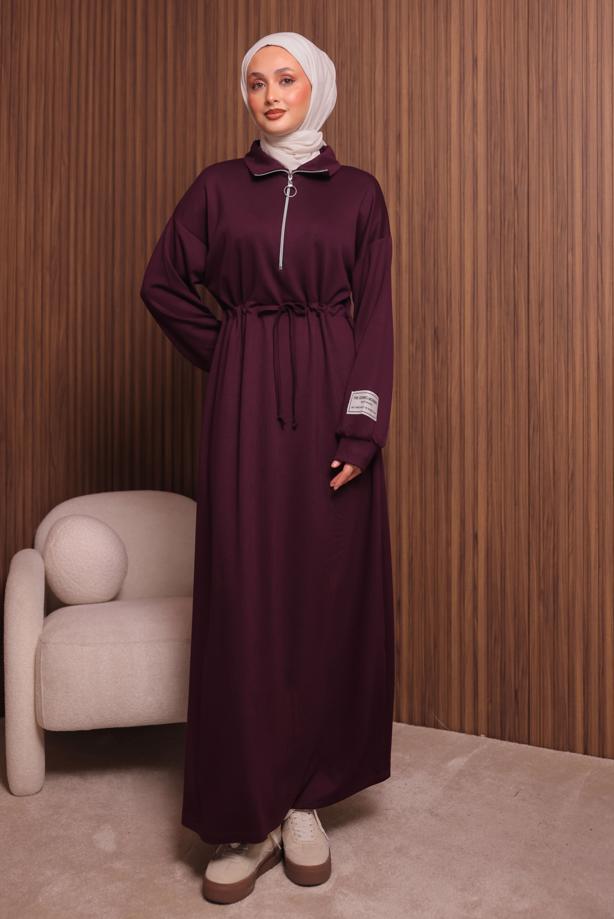 Tesettür giyim BORDO T 9017 NSS FERMUARLI ELBİSE - TRENDTESETTÜR