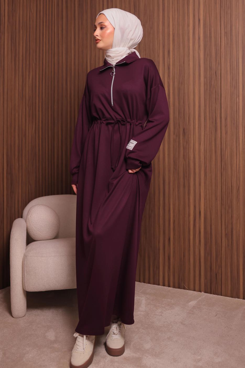 Tesettür giyim BORDO T 9017 NSS FERMUARLI ELBİSE