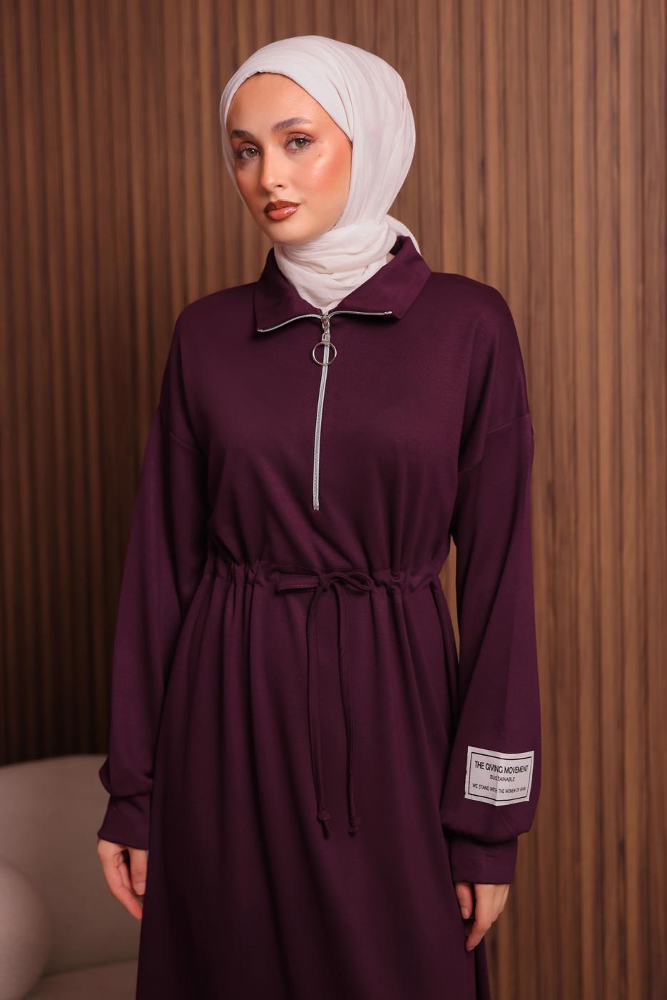 Tesettür giyim BORDO T 9017 NSS FERMUARLI ELBİSE