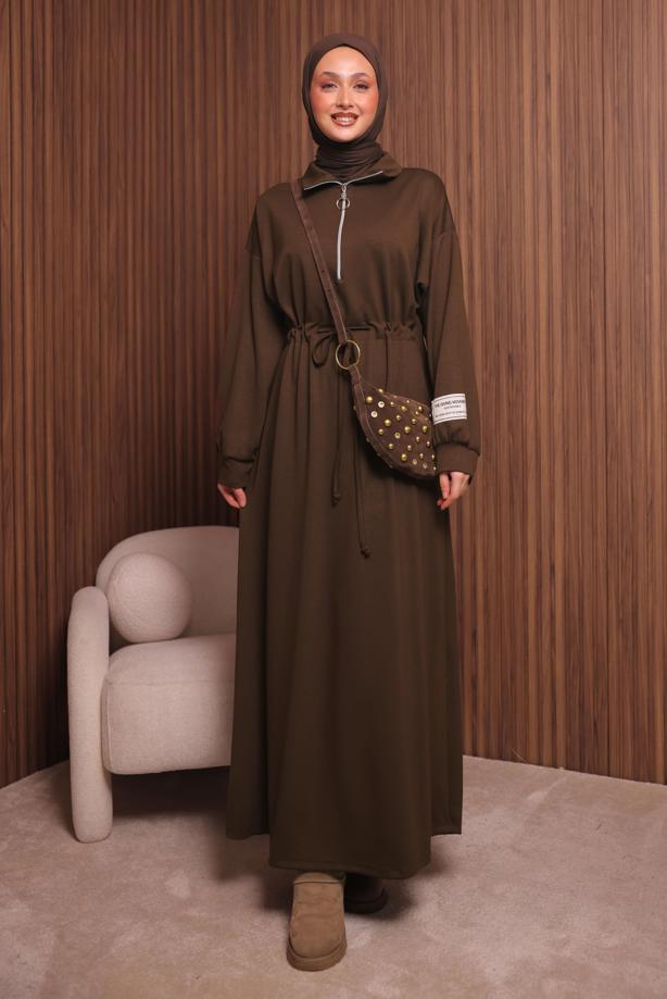 Tesettür giyim KAHVE T 9017 NSS FERMUARLI ELBİSE - TRENDTESETTÜR