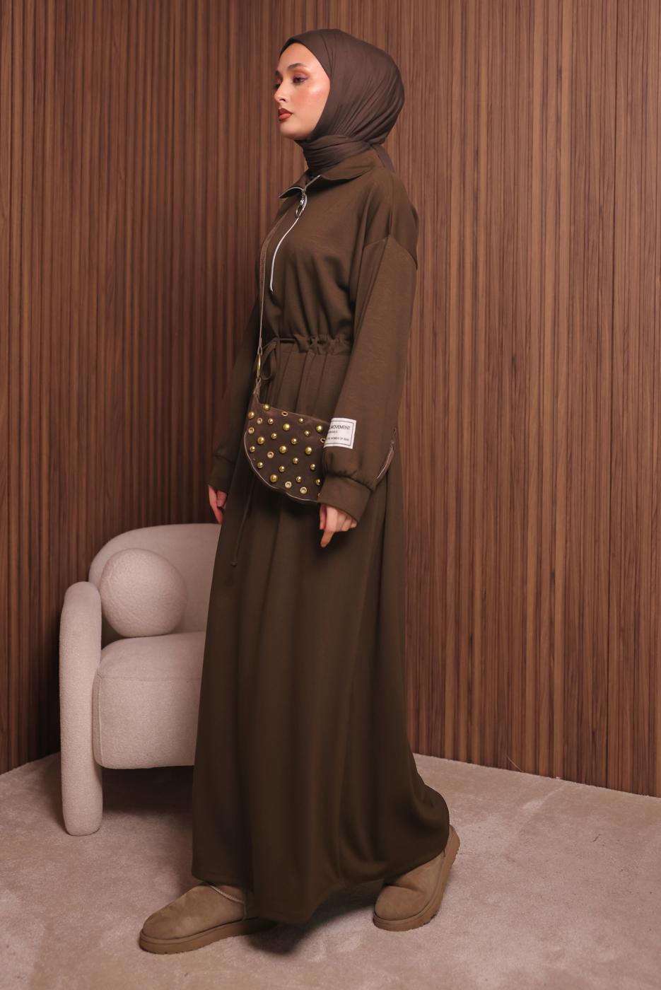 Tesettür giyim KAHVE T 9017 NSS FERMUARLI ELBİSE