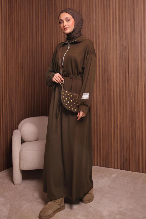 Tesettür giyim KAHVE T 9017 NSS FERMUARLI ELBİSE - TRENDTESETTÜR