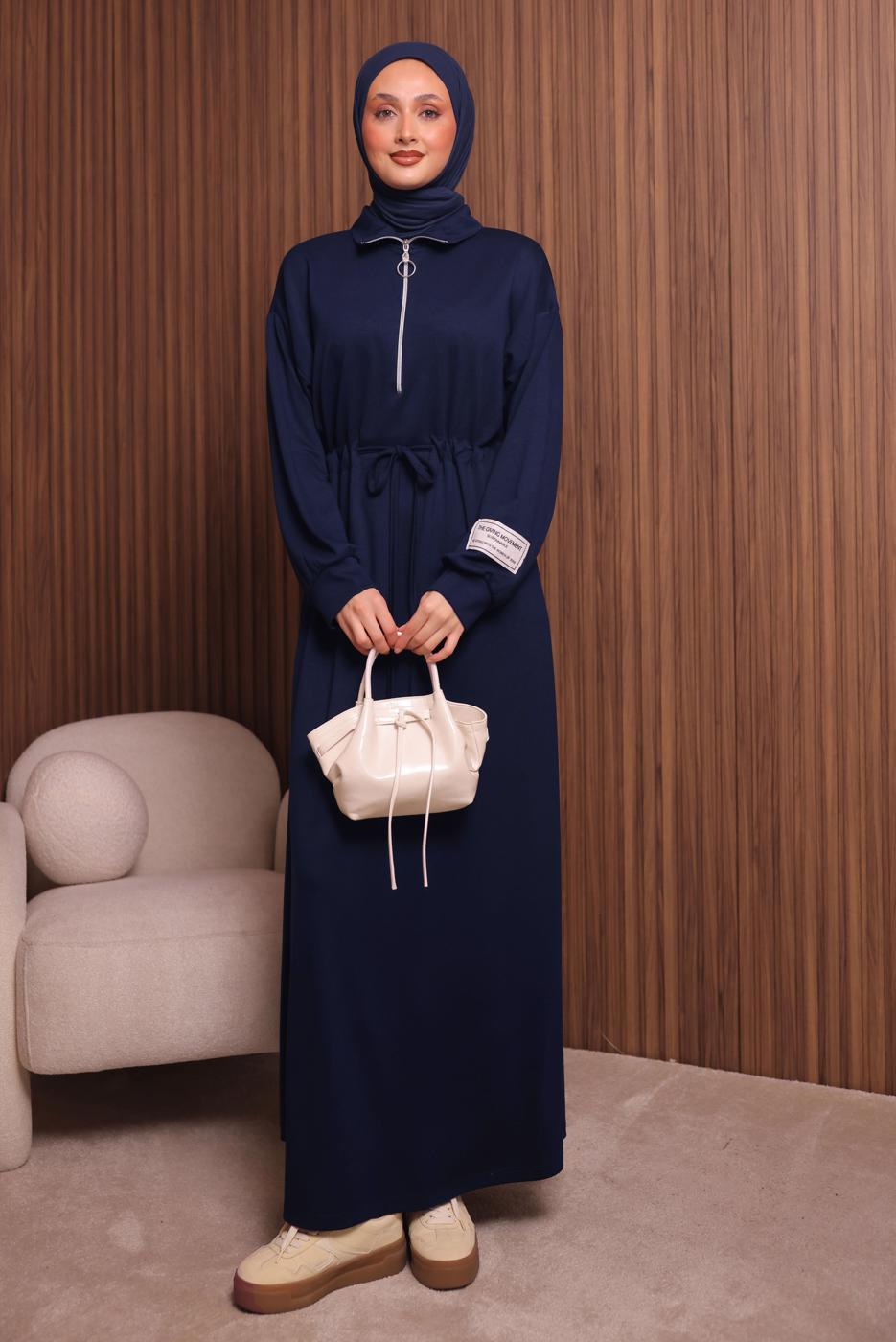 Tesettür giyim LACİVERT T 9017 NSS FERMUARLI ELBİSE