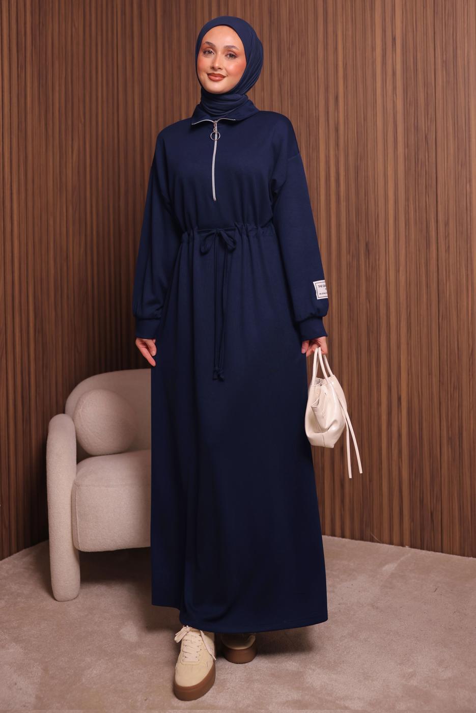 Tesettür giyim LACİVERT T 9017 NSS FERMUARLI ELBİSE