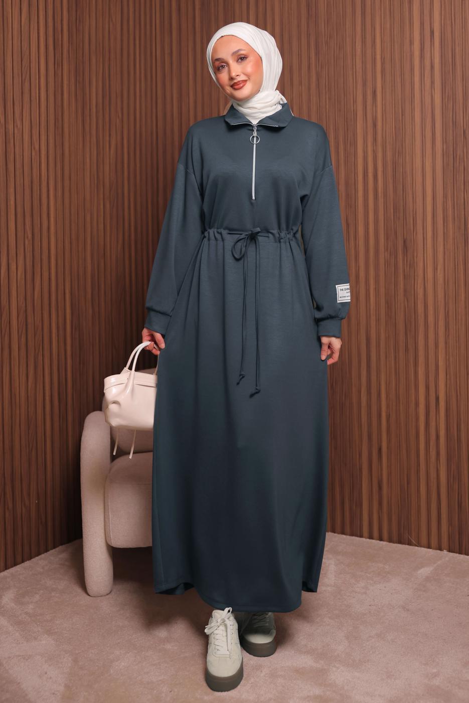 Tesettür giyim GRİ T 9017 NSS FERMUARLI ELBİSE