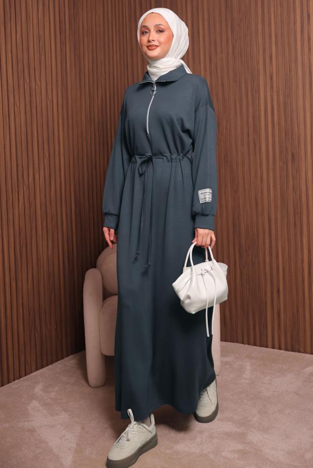 Tesettür giyim GRİ T 9017 NSS FERMUARLI ELBİSE - TRENDTESETTÜR