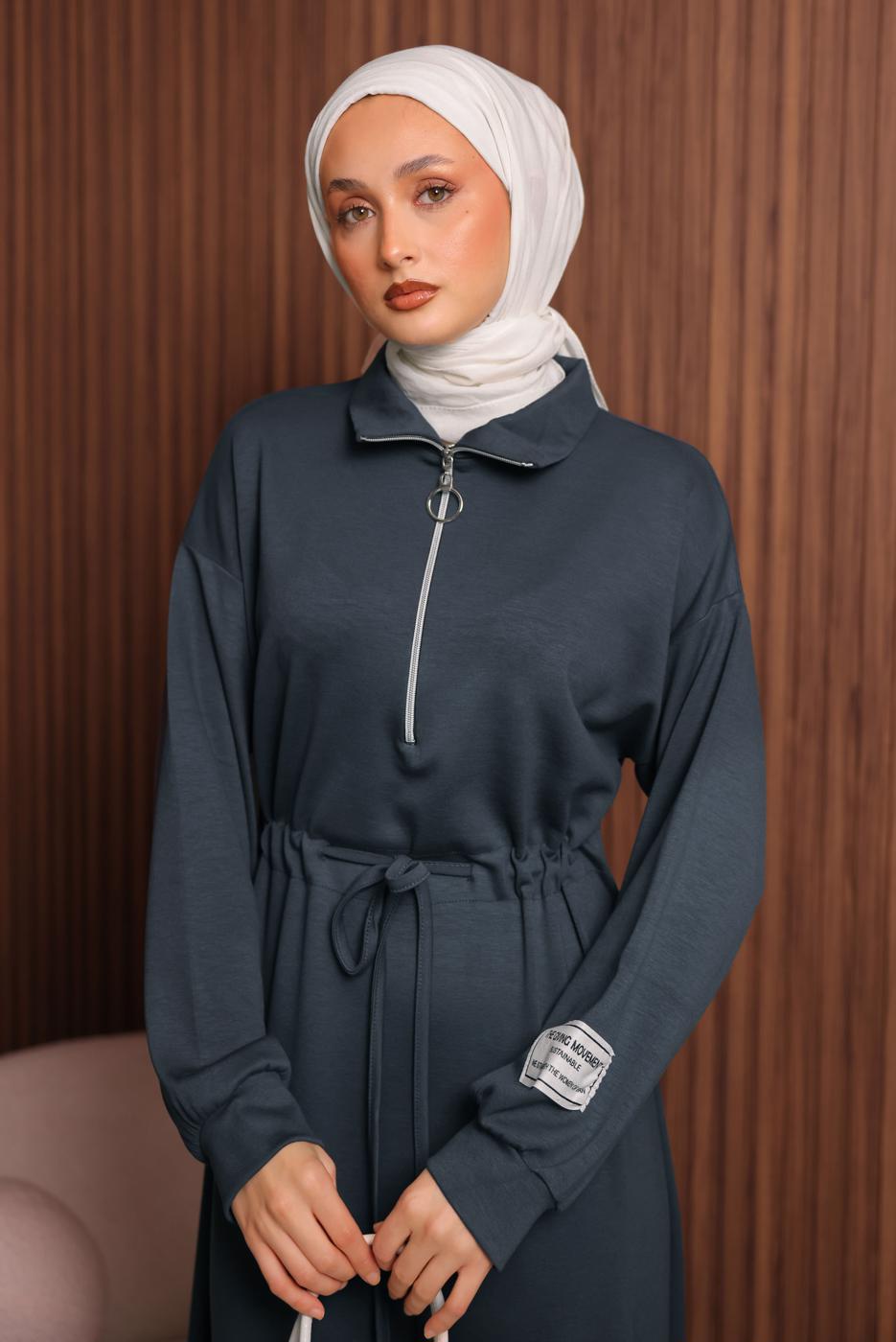 Tesettür giyim GRİ T 9017 NSS FERMUARLI ELBİSE