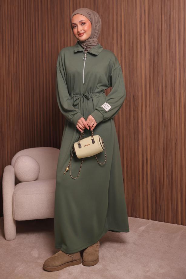Tesettür giyim YEŞİL T 9017 NSS FERMUARLI ELBİSE - TRENDTESETTÜR