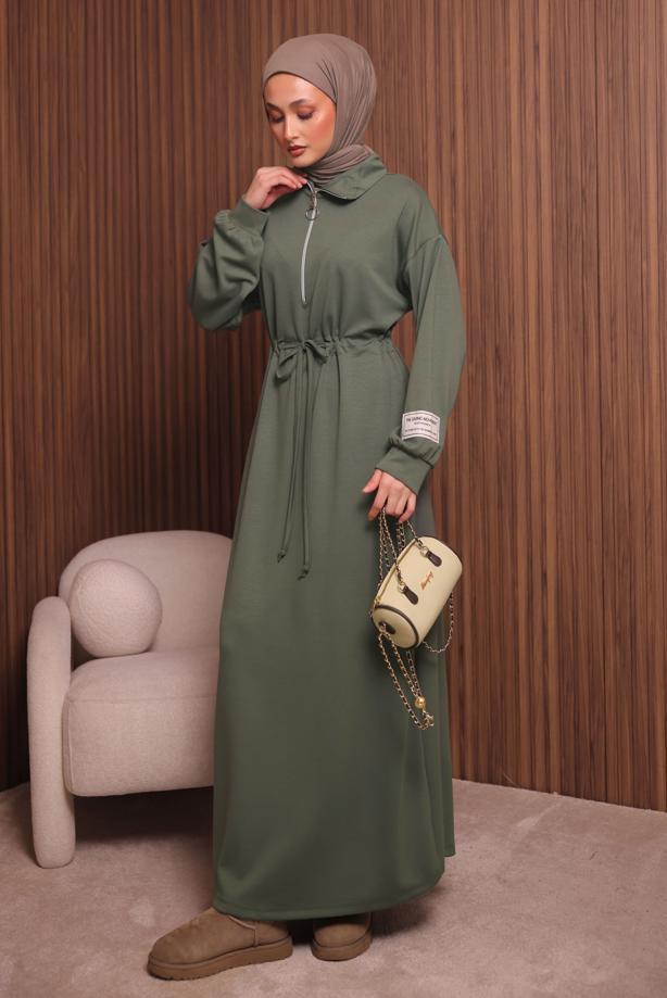 Tesettür giyim YEŞİL T 9017 NSS FERMUARLI ELBİSE - TRENDTESETTÜR