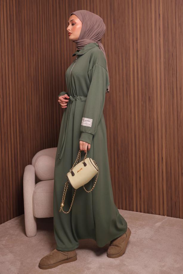 Tesettür giyim YEŞİL T 9017 NSS FERMUARLI ELBİSE - TRENDTESETTÜR