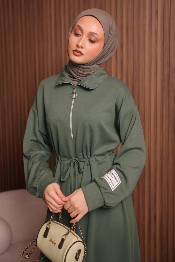 Tesettür giyim YEŞİL T 9017 NSS FERMUARLI ELBİSE - TRENDTESETTÜR