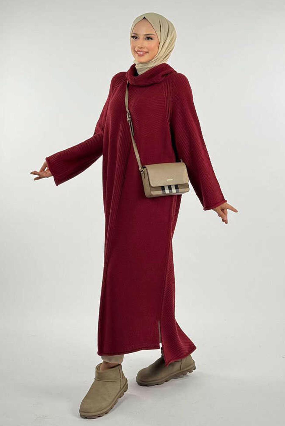 Vêtements hijab ROUGE BORDEAUX ROBE EN MAILLE À COL ROULÉ T 90281