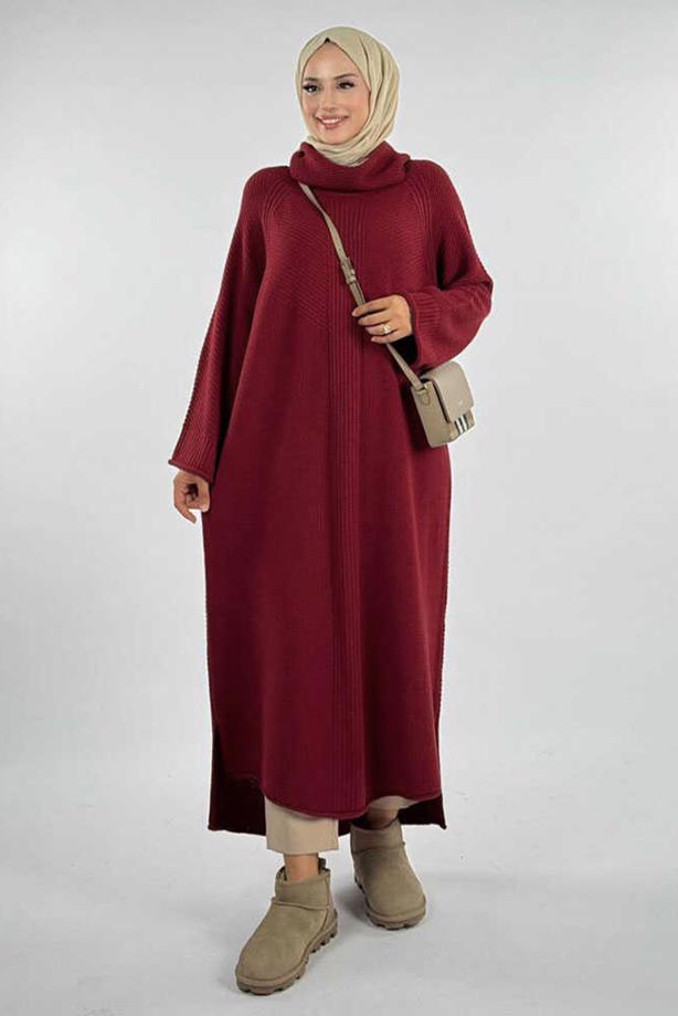 Vêtements hijab ROUGE BORDEAUX ROBE EN MAILLE À COL ROULÉ T 90281 - TRENDTESETTÜR