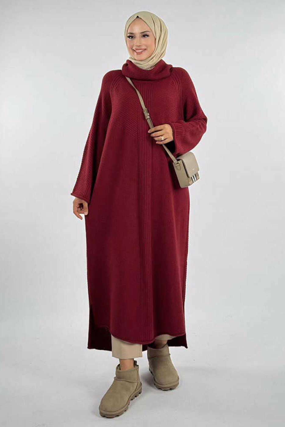 Vêtements hijab ROUGE BORDEAUX ROBE EN MAILLE À COL ROULÉ T 90281