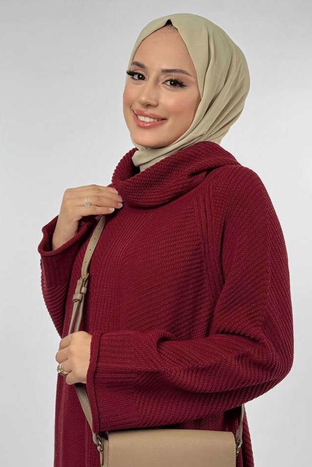 Vêtements hijab ROUGE BORDEAUX ROBE EN MAILLE À COL ROULÉ T 90281 - TRENDTESETTÜR
