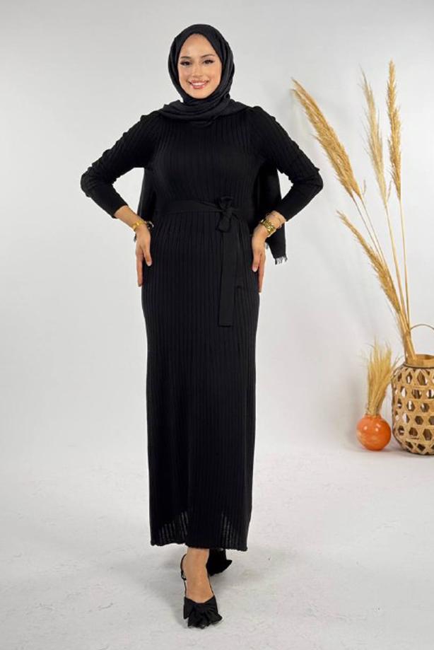 Hijab clothing BLACK BELTED RIBBED KNIT DRESS T 91381 - TRENDTESETTÜR