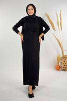 Tesettür giyim SİYAH KUŞAKLI FİTİLLİ TRİKO ELBİSE T 91381