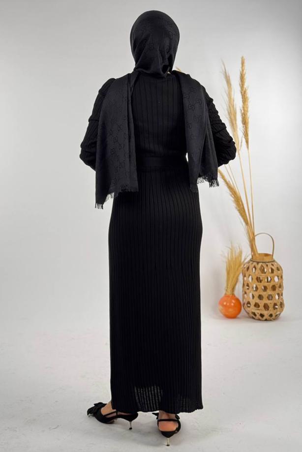 Hijab clothing BLACK BELTED RIBBED KNIT DRESS T 91381 - TRENDTESETTÜR