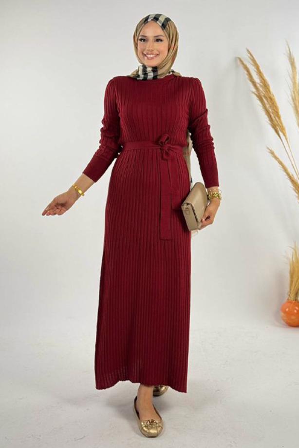 Hijab clothing CLARET RED BELTED RIBBED KNIT DRESS T 91381 - TRENDTESETTÜR