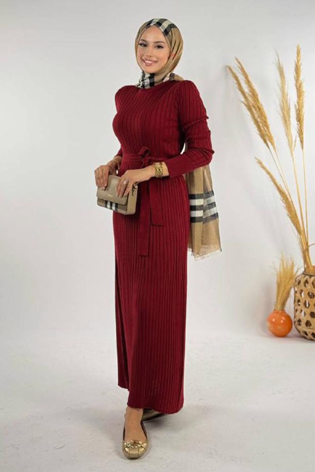 Hijab clothing CLARET RED BELTED RIBBED KNIT DRESS T 91381 - TRENDTESETTÜR