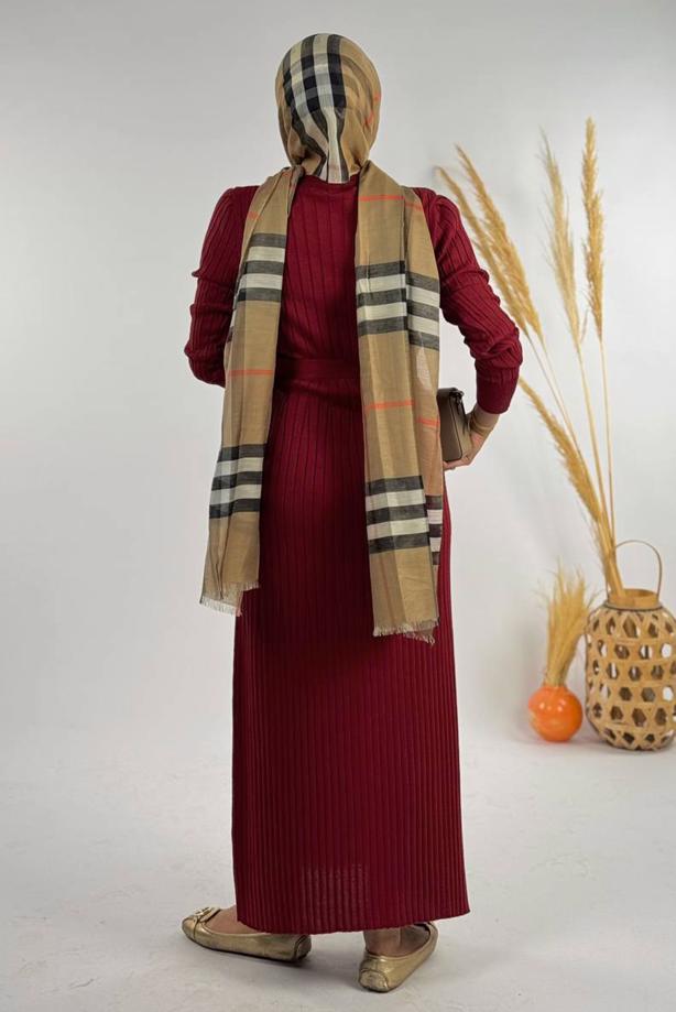 Hijab clothing CLARET RED BELTED RIBBED KNIT DRESS T 91381 - TRENDTESETTÜR