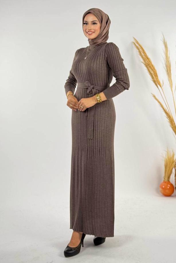 Hijab clothing MINK BELTED RIBBED KNIT DRESS T 91381 - TRENDTESETTÜR