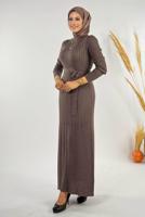 Tesettür giyim VİZON KUŞAKLI FİTİLLİ TRİKO ELBİSE T 91381