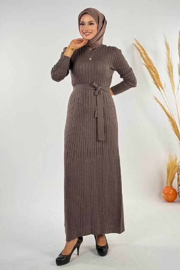 Hijab clothing MINK BELTED RIBBED KNIT DRESS T 91381 - TRENDTESETTÜR