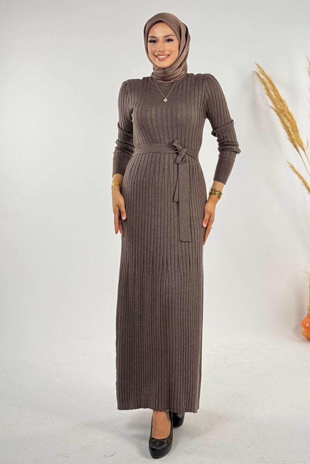 Hijab clothing MINK BELTED RIBBED KNIT DRESS T 91381 - TRENDTESETTÜR