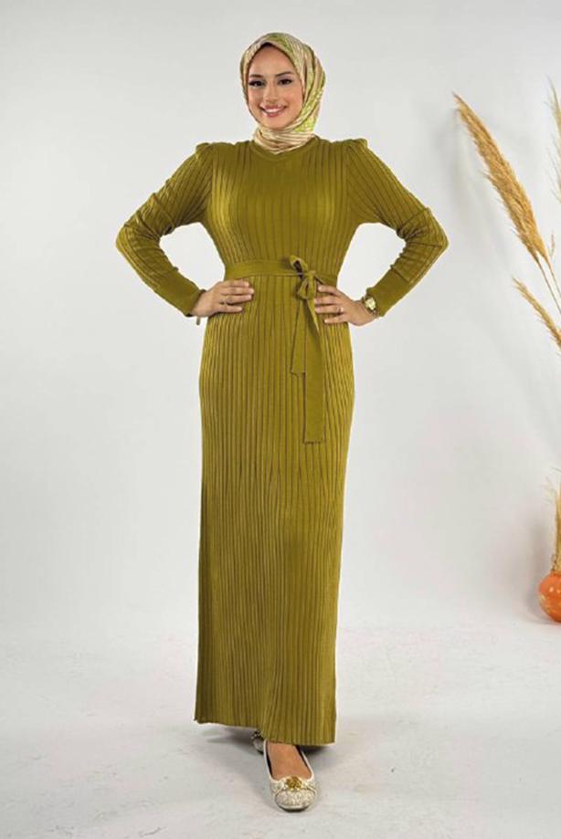 Hijab clothing GREEN BELTED RIBBED KNIT DRESS T 91381 - TRENDTESETTÜR
