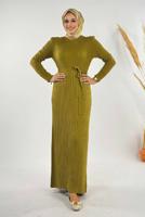 Tesettür giyim YEŞİL KUŞAKLI FİTİLLİ TRİKO ELBİSE T 91381