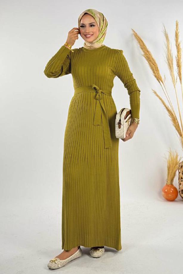 Hijab clothing GREEN BELTED RIBBED KNIT DRESS T 91381 - TRENDTESETTÜR